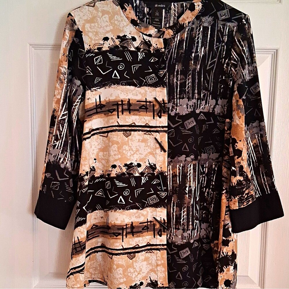 NWOT Ali Miles Womens S Abstract Shift Top Black Beige 3/4 Sleeve Stretch